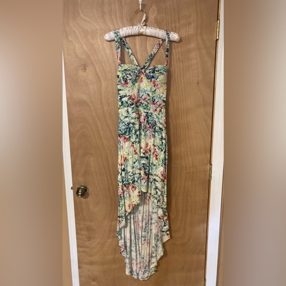 Women’s high-low print dress.